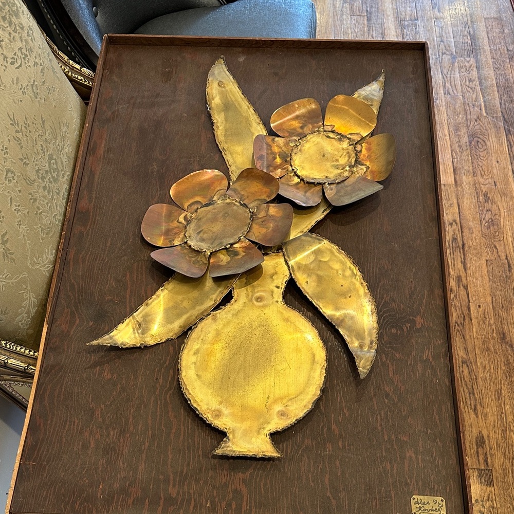 Vintage Metal Wall Art with Gold and Brown Floral Design